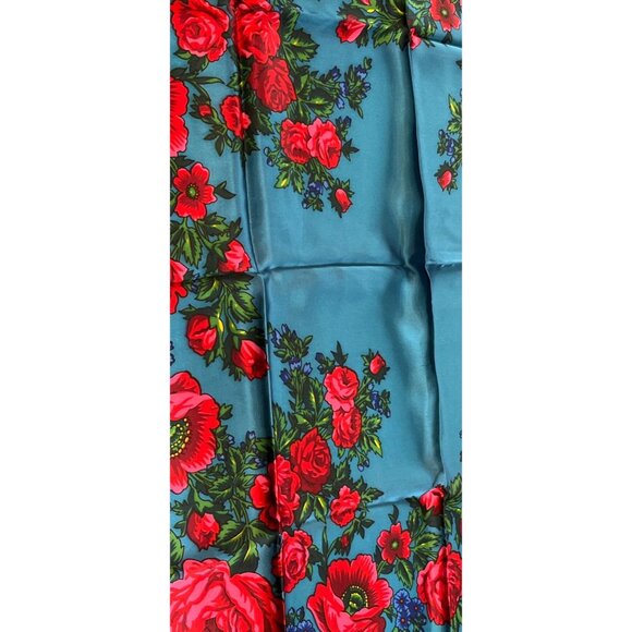 Vintage Scarf Blue Red Pink Floral Design Handmade 100% Acetate Rolled Hem NWOT - Picture 10 of 10